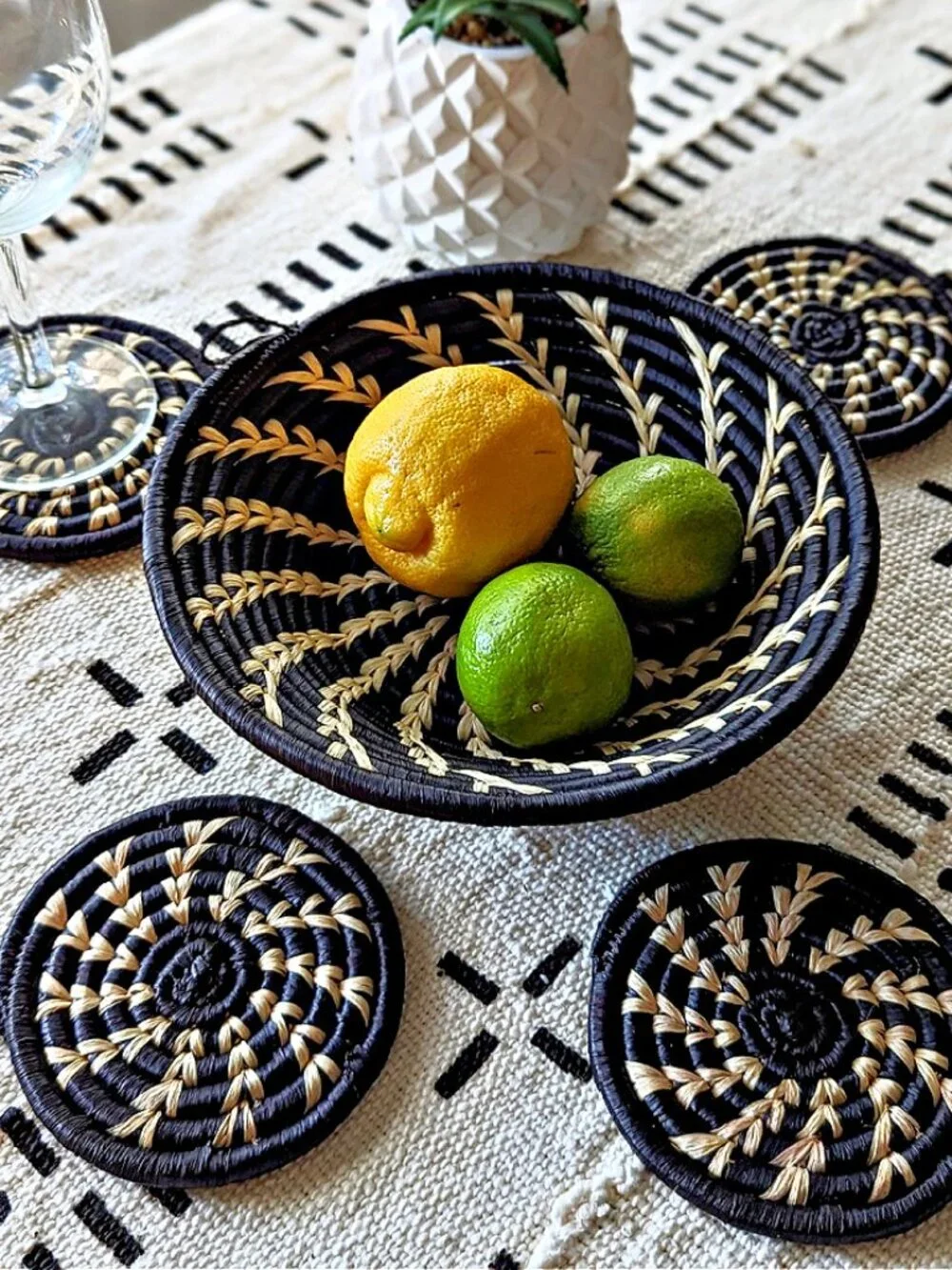 Black White Woven Raffia Grass Drink Coasters - Set of 4 | Boho African Decor